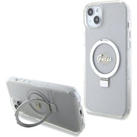 Custodia MagSafe per Apple iPhone 15 Plus, Guess, Ring Stand Script Glitter, Trasparente