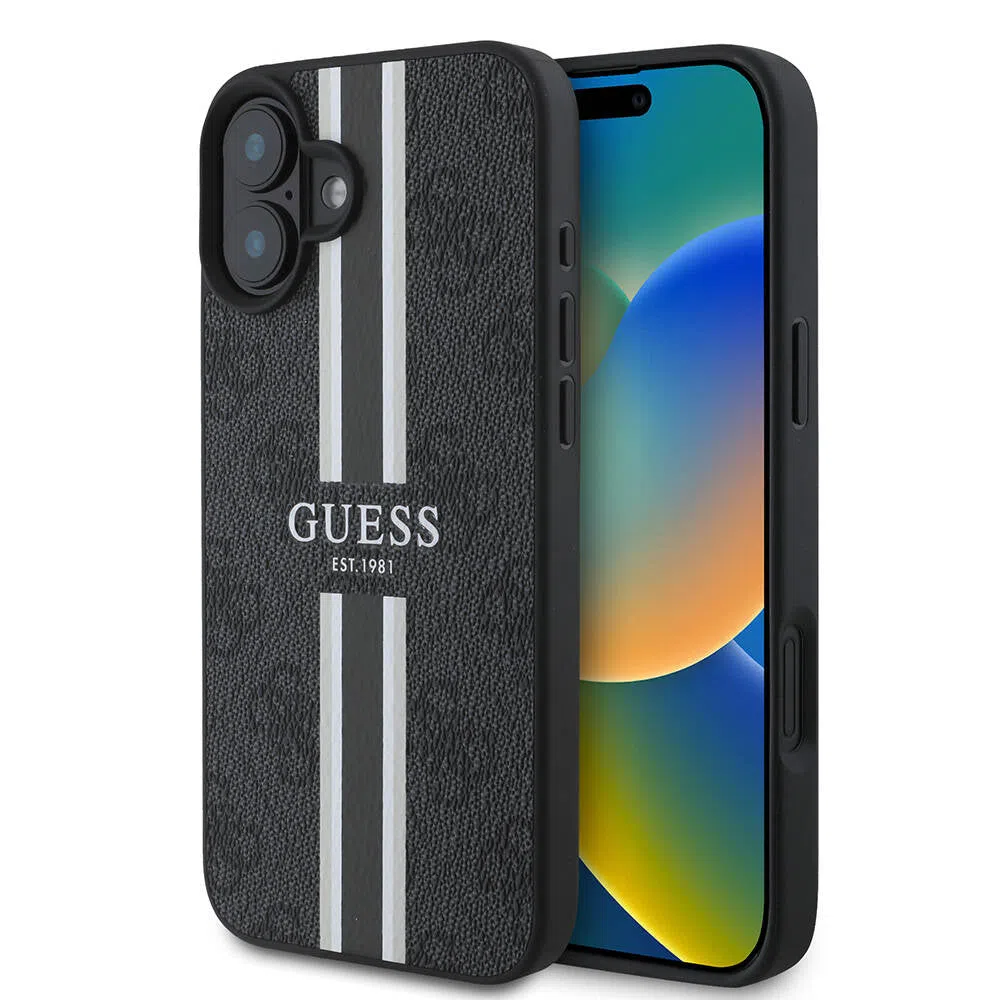 Custodia MagSafe per Apple iPhone 16 Plus, Guess, 4G Printed Stripes, Nera — 2