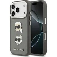 Custodia per Apple iPhone 17 Pro, Karl Lagerfeld, Grained Karl & Choupette's Heads Pins and Logo, Grigio — 3