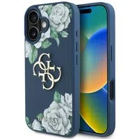 Custodia per Apple iPhone 16, Guess, 4G Grained Roses Big Logo, Blu — 3