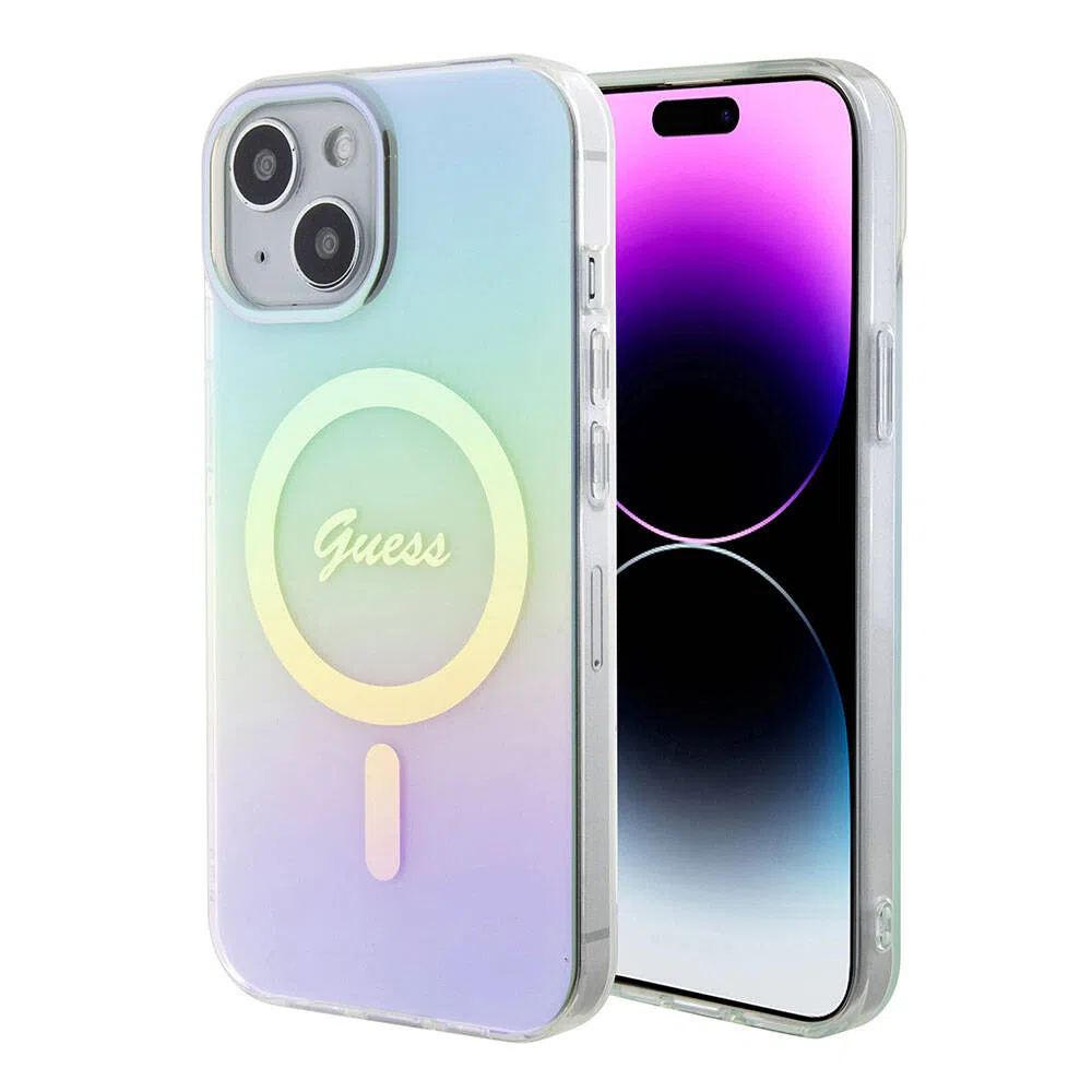 Custodia MagSafe per Apple iPhone 15, Guess, IML Iridescente, Turchese — 2