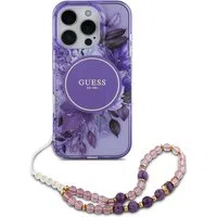 Custodia MagSafe per Apple iPhone 16 Pro Max, Guess, IML Flowers with Pearl Strap, Viola — 3