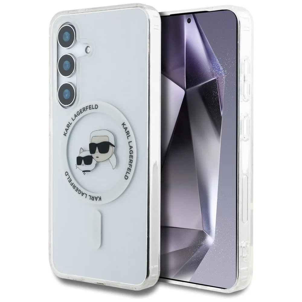 Custodia MagSafe per Samsung Galaxy S25 S931, Karl Lagerfeld, IML Metal Karl & Choupette's Heads, Bianca — 2