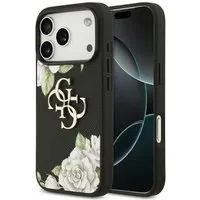 Custodia per Apple iPhone 17 Pro, Guess, 4G Grained Roses Big Logo, Nera — 3