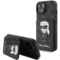 Custodia per Apple iPhone 15, Karl Lagerfeld, Saffiano Cardslots and Stand Monogram Ikonik Karl, Nera — 3