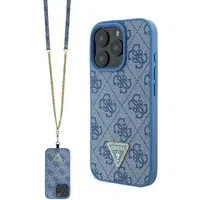 Custodia per Apple iPhone 16, Guess, Crossbody 4G Triangle Strass, Blu — 3