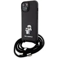 Custodia per Apple iPhone 15, Karl Lagerfeld, Saffiano Crossbody Metal Pin Karl & Choupette, Nera — 3