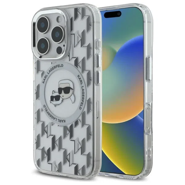 Custodia MagSafe per Apple iPhone 16 Pro Max, Karl Lagerfeld, IML Monogramma Karl & Choupette's Heads, Trasparente — 2