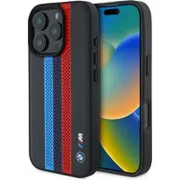 Custodia MagSafe per Apple iPhone 16 Pro Max, BMW, Perforated M Perf. Tricolor Stripers, Nera — 3