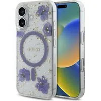 Custodia MagSafe per Apple iPhone 16, Guess, Resin Flowers and Glitter, Viola — 3