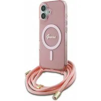 Custodia MagSafe per Apple iPhone 16, Guess, IML Crossbody Cord Script, Rosa — 3