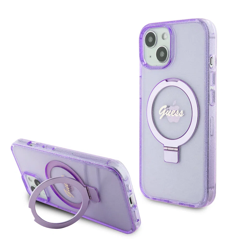Custodia MagSafe per Apple iPhone 15 Plus, Guess, Ring Stand Script Glitter, Viola — 2