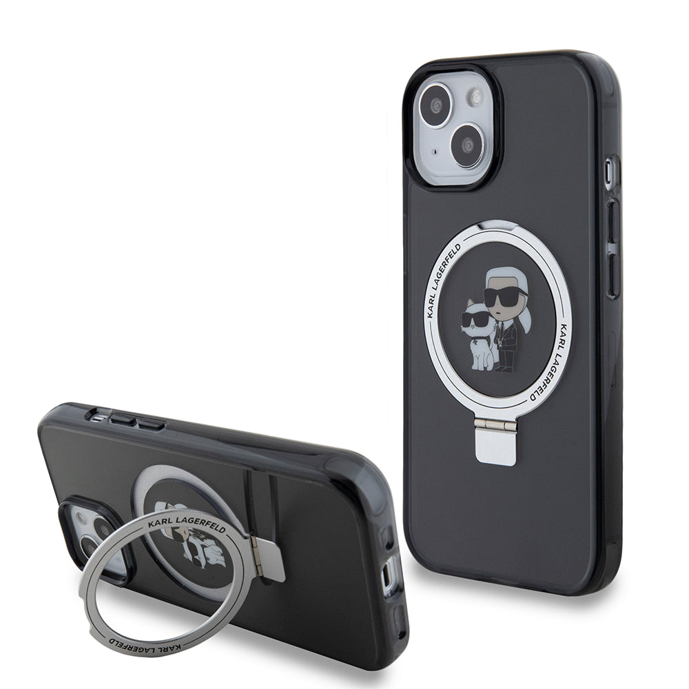 Karl Lagerfeld Custodia MagSafe per Apple iPhone 15, Karl Lagerfeld, Ring Stand Karl & Choupette, Nera