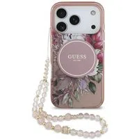 Custodia MagSafe per Apple iPhone 17 Pro, Guess, IML Flowers with Pearl Strap, Rosa — 3