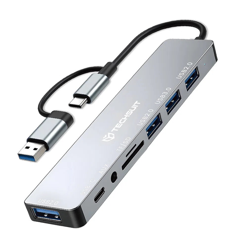 Hub USB / USB-C Techsuit H9 DataBridge, 8in1, Grigio — 2