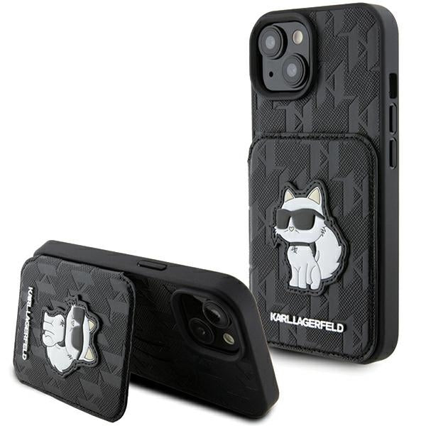 Karl Lagerfeld Custodia per Apple iPhone 15, Karl Lagerfeld, Saffiano Cardslots and Stand Monogram Choupette, Nera