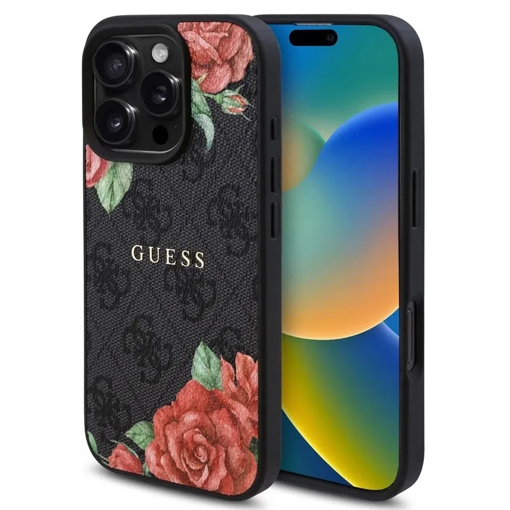Custodia MagSafe per Apple iPhone 16 Pro Max, Guess, 4G Flowers Print, Nera — 2