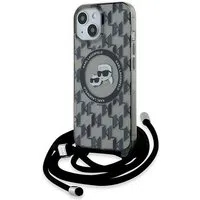 Custodia MagSafe per Apple iPhone 15, Karl Lagerfeld, IML Crossbody Monogram Karl & Choupette's Heads, Nera — 3