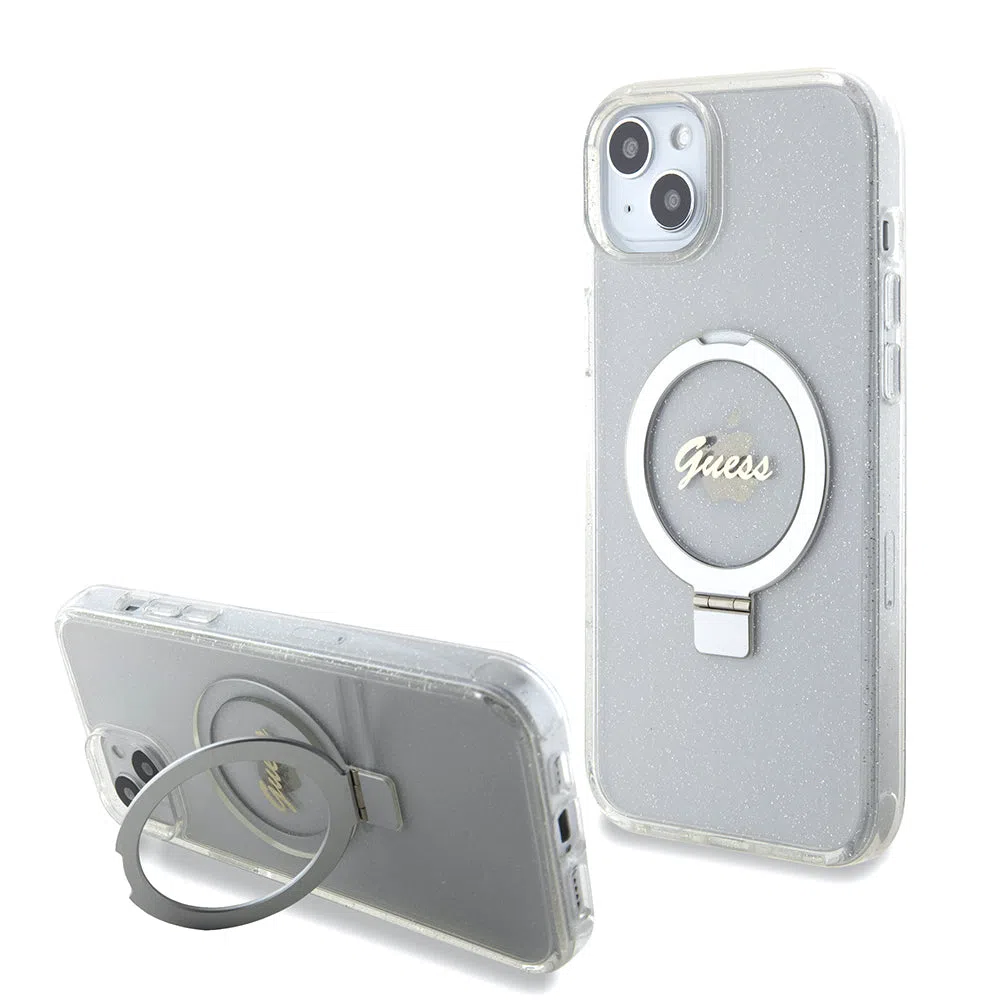 Custodia MagSafe per Apple iPhone 15 Plus, Guess, Ring Stand Script Glitter, Trasparente — 2