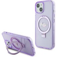 Custodia MagSafe per Apple iPhone 15 Plus, Guess, Ring Stand Script Glitter, Viola — 3