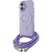 Custodia MagSafe per Apple iPhone 16, Guess, IML Crossbody Cord Script, Viola — 3