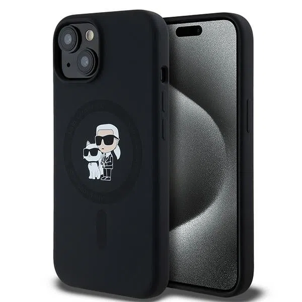 Custodia MagSafe per Apple iPhone 15, Karl Lagerfeld, Silicone Karl & Choupette, Nera — 2