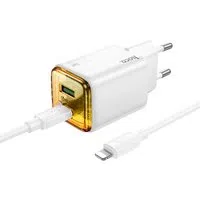 Caricabatterie da Rete con Cavo USB-C HOCO N52, 20W, 3A, 1 x USB-A - 1 x USB-C, Bianco — 3