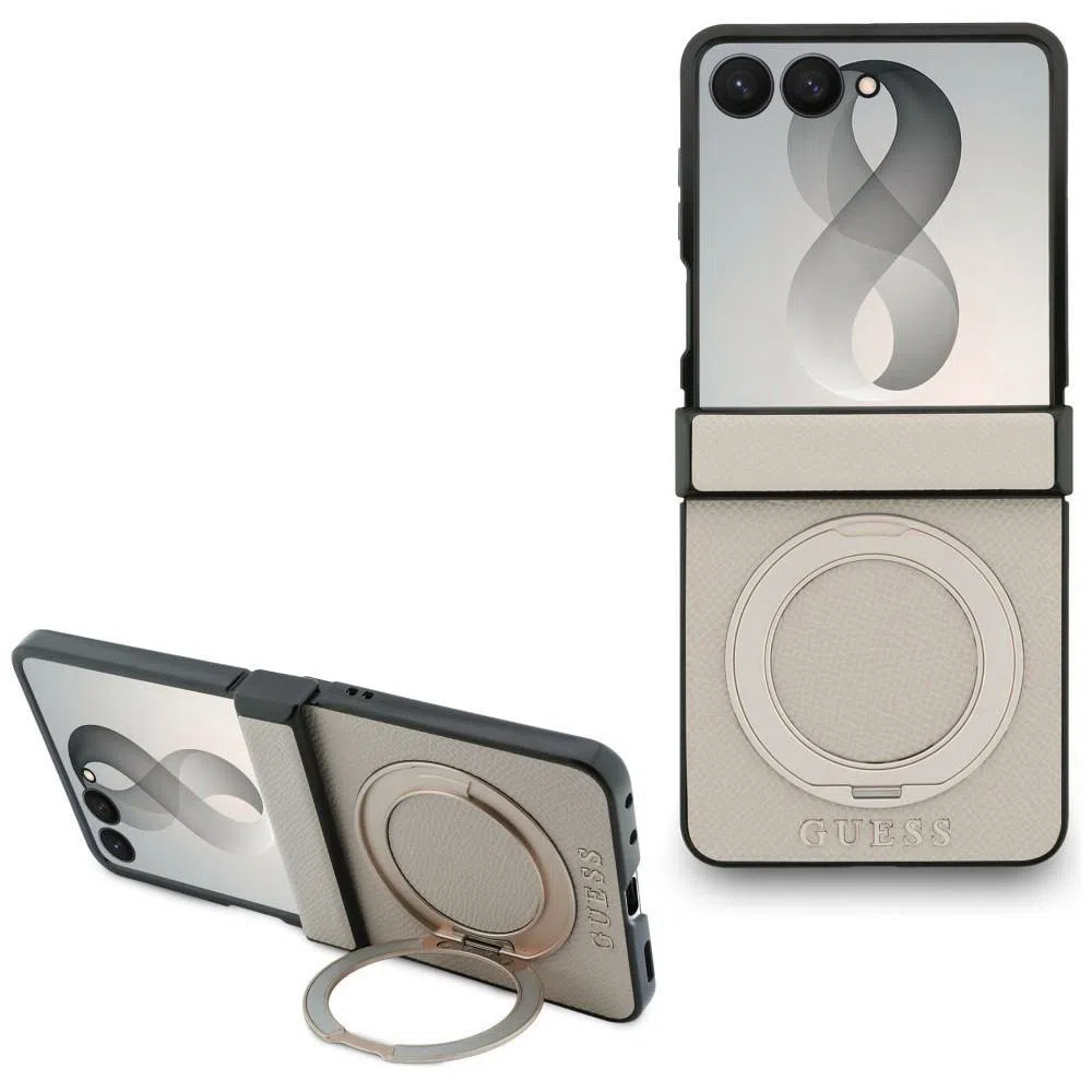 Custodia MagSafe per Samsung Galaxy Z Flip8 F776, Guess, Ring Stand Grained Classic Logo, Beige — 2