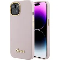 Custodia per Apple iPhone 15, Guess, Script Metal Logo & Frame, Rosa Chiaro — 3