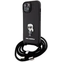 Custodia per Apple iPhone 15, Karl Lagerfeld, Saffiano Crossbody Monogram Metal Pin Karl, Nera — 3