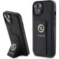 Custodia per Apple iPhone 15, Guess, Grip Stand 4G Saffiano Strass, Nera — 3