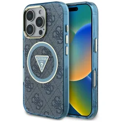 Custodia MagSafe per Apple iPhone 16 Pro, Guess, IML Glitter 4G Circle Triangle, Blu