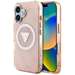Custodia MagSafe per Apple iPhone 16, Guess, IML Glitter 4G Circle Triangle, Rosa