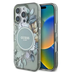 Custodia MagSafe per Apple iPhone 16 Pro, Guess, IML Flower & Tonal Circle, Verde