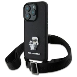 Custodia per Apple iPhone 16 Pro, Karl Lagerfeld, Saffiano Crossbody Metal Pin Karl & Choupette, Nera