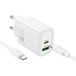 Caricabatterie da Rete con Cavo USB-C HOCO N63, 30W, 3A, 1 x USB-A - 1 x USB-C, Bianco