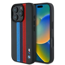 Custodia MagSafe per Apple iPhone 16 Pro Max, BMW, Perforated M Perf. Tricolor Stripers, Nera