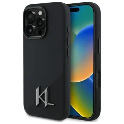 Custodia MagSafe per Apple iPhone 16 Pro, Karl Lagerfeld, Silicone Shadow Metal Initial, Nera