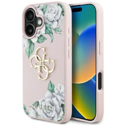 Custodia per Apple iPhone 16, Guess, 4G Grained Roses Big Logo, Rosa
