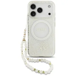 Custodia MagSafe per Apple iPhone 17 Pro, Guess, IML Flowers Allover Electroplated with Pearl Strap, Bianca