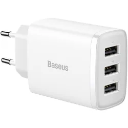 Caricabatterie Rete Baseus Compact 3U, 17W, 2.1A, 3 x USB-A, Bianco CCXJ020102