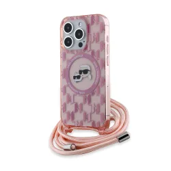 Custodia MagSafe per Apple iPhone 15 Pro Max, Karl Lagerfeld, IML Crossbody Monogramma Karl & Choupette's Heads, Rosa