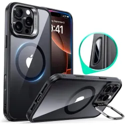 Custodia MagSafe per Apple iPhone 16 Pro Max, ESR, Classic Hybrid Kickstand Slide, Nera Trasparente