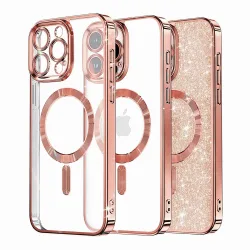 Custodia MagSafe per Apple iPhone 16 Pro, Techsuit, Luxury Glitter, Rosa Dorato