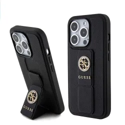Custodia per Apple iPhone 15 Pro, Guess, Grip Stand 4G Saffiano Strass, Nera