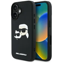 Custodia per Apple iPhone 16, Karl Lagerfeld, 3D Rubber Karl & Choupette, Nera