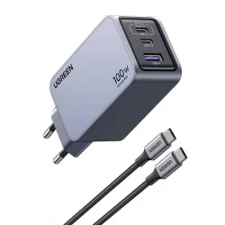 UGREEN X757 Nexode Pro Caricatore di rete con cavo USB-C, 100W, 3A, 1 x USB-A - 2 x USB-C, Grigio