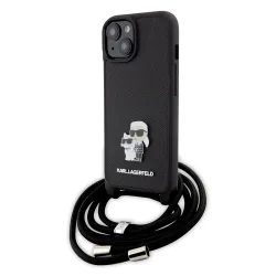 Custodia per Apple iPhone 15, Karl Lagerfeld, Saffiano Crossbody Metal Pin Karl & Choupette, Nera