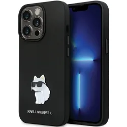 Custodia per Apple iPhone 14 Pro Max, Karl Lagerfeld, Silicone Choupette Metal, Nera
