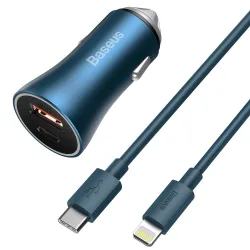 Caricatore Auto Con Cavo Lightning Baseus Golden Contactor, 40W, 3A, 1 x USB-A - 1 x USB-C, Blu Navy TZCCJD-03